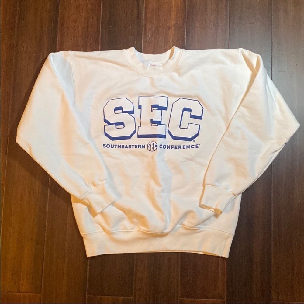Hanes White Crewneck Sweatshirt with Blue SEC Logo